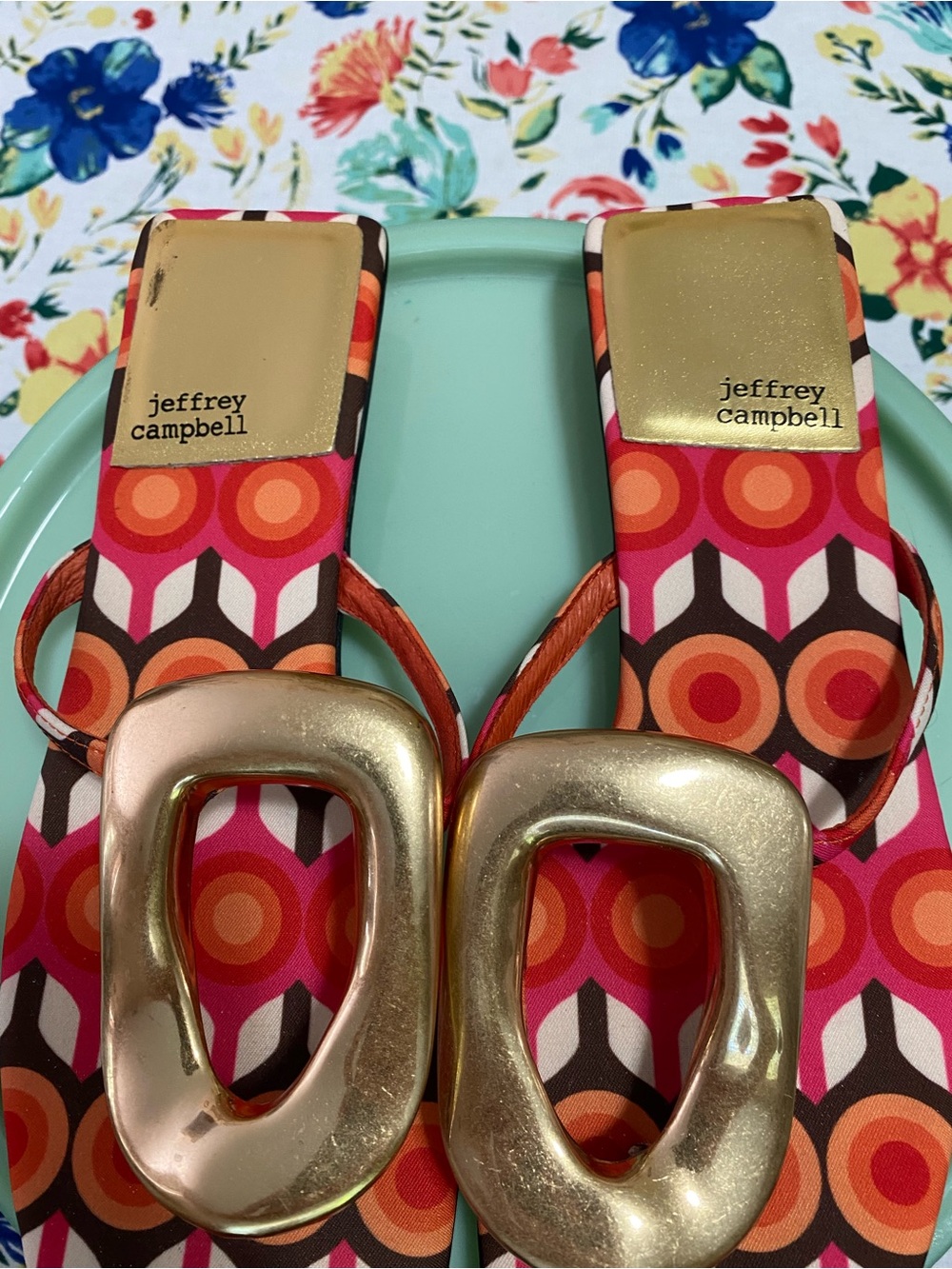 Jeffrey Campbell Bold Geo Slide Sandals in Pink, Orange & Brown - Picture 2 of 5